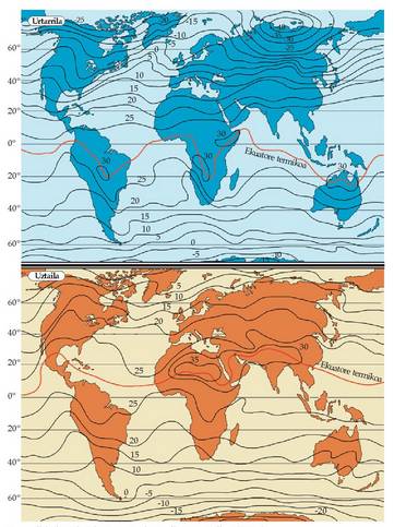 Itsas mailako batez besteko tenperaturak urtarrilean eta uztailean (�C-tan).<br><br>